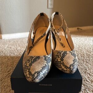 Cole Haan Snake-Print Pointed Slingback Heels in Black and Beige